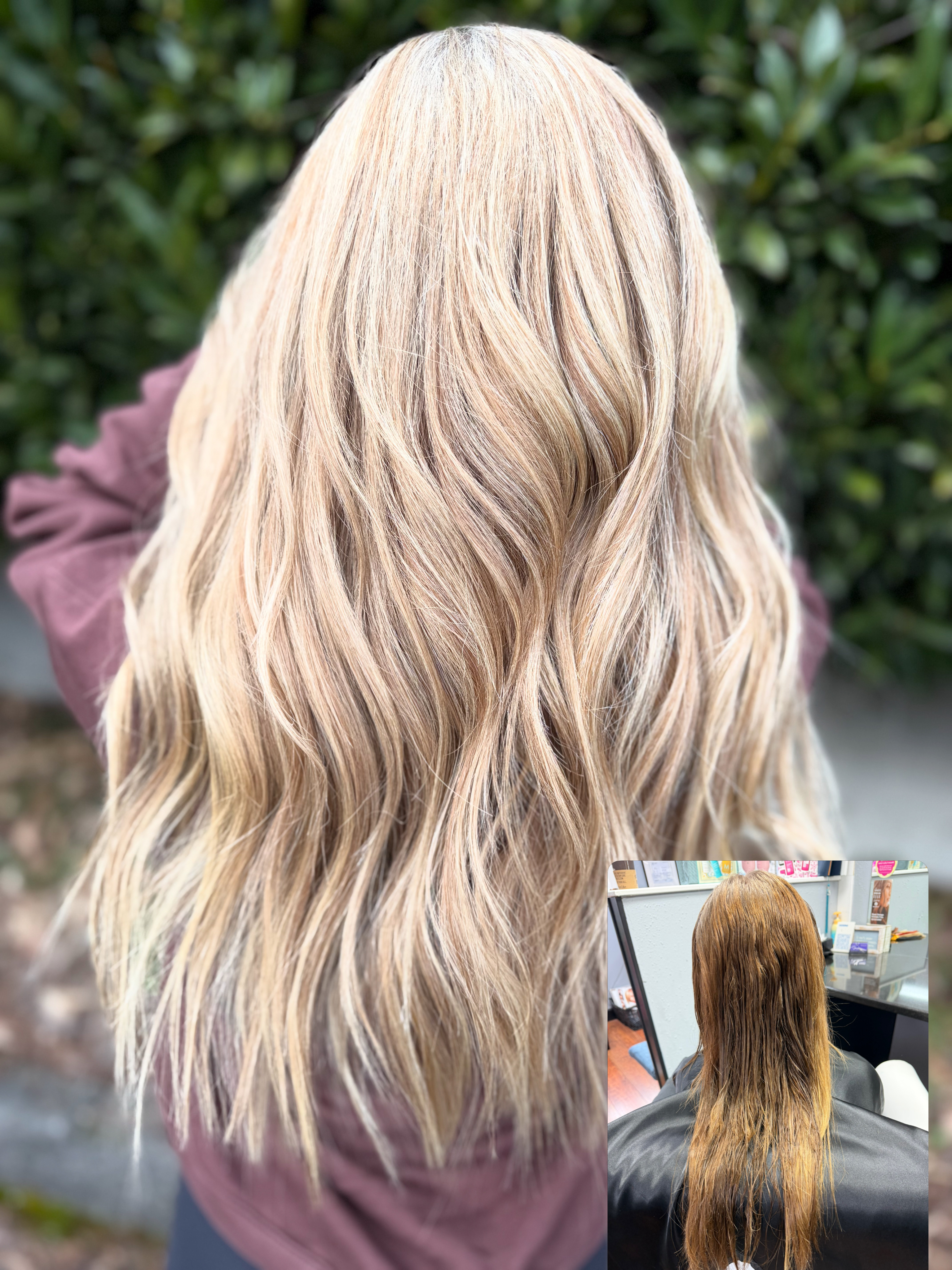 Before and after golden blonde balayage transformation