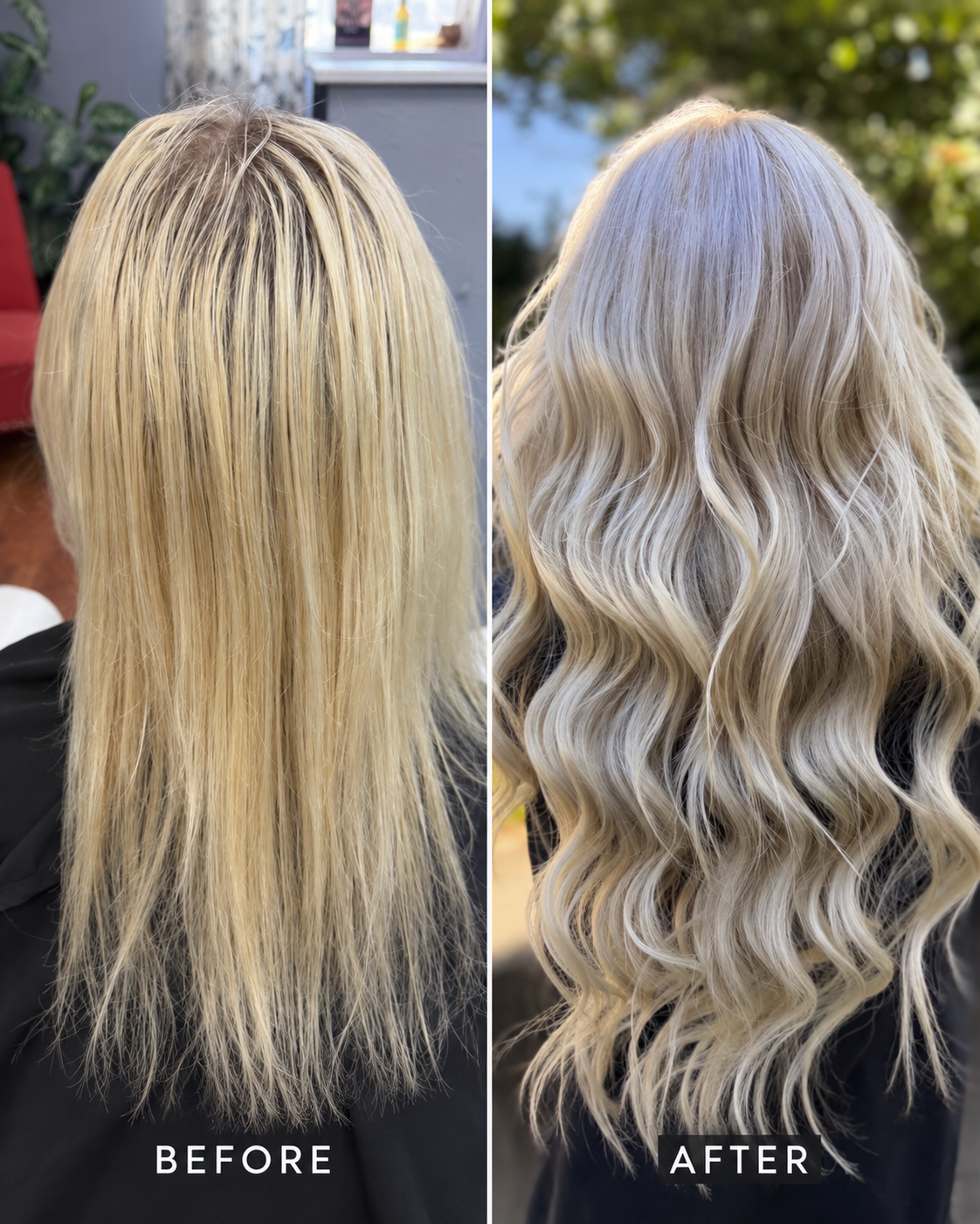 Before and after of a DreamCatchers hair extension transformation: thinner, shorter blonde hair on the left and long, full, voluminous wavy blonde hair on the right